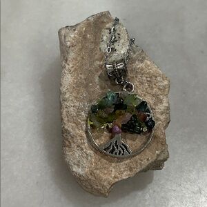 Elbaite Gemstone Silver Tree Pendant Necklace